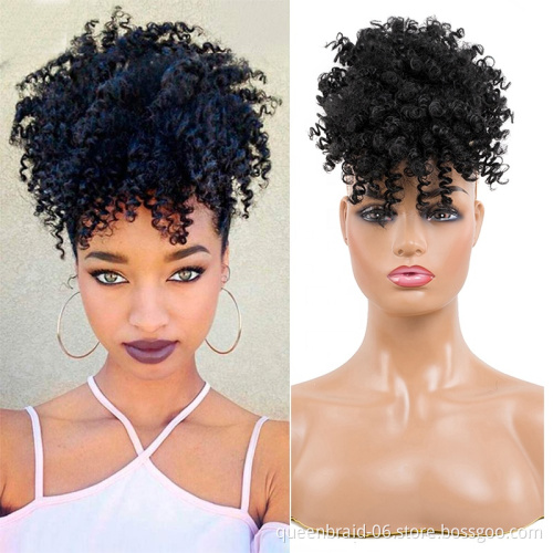 High Puff Afro Kinky Curly Synthetic Ponytail with Bang Ponytail Hair Extension Drawstring Short Afro Ponytail Clip in for Women